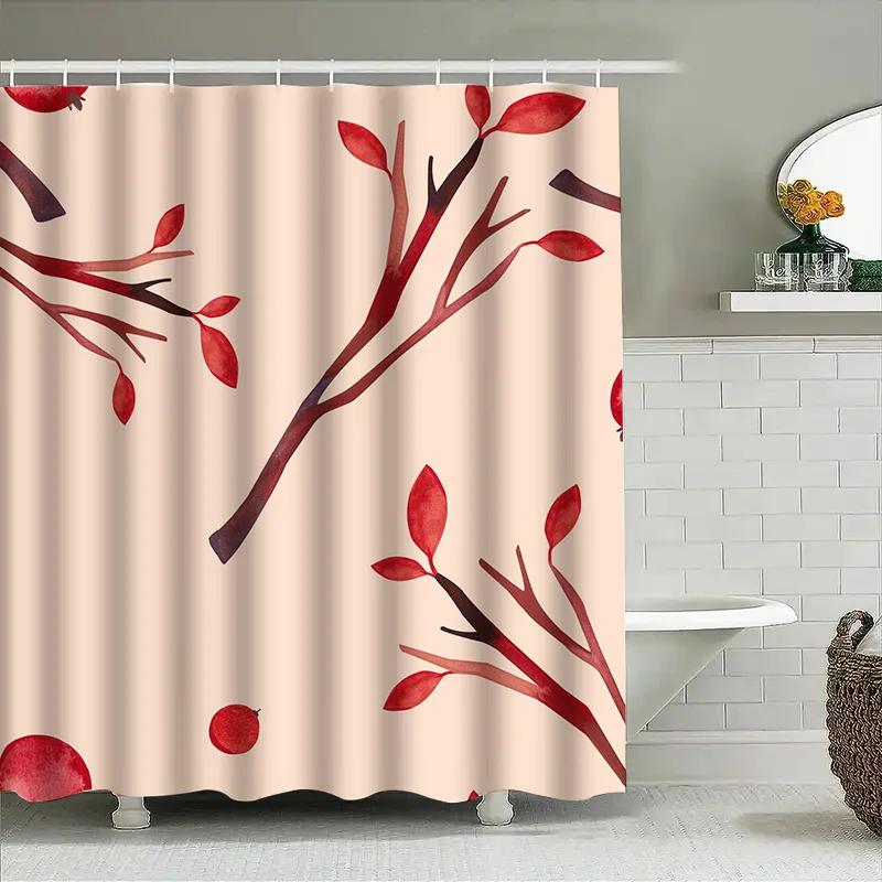 

Artistic Watercolor Shower Curtain Set With Red Fruit Branch Design For Bathroom Decoration Pink Color W60H190(CM)-1 Pcs