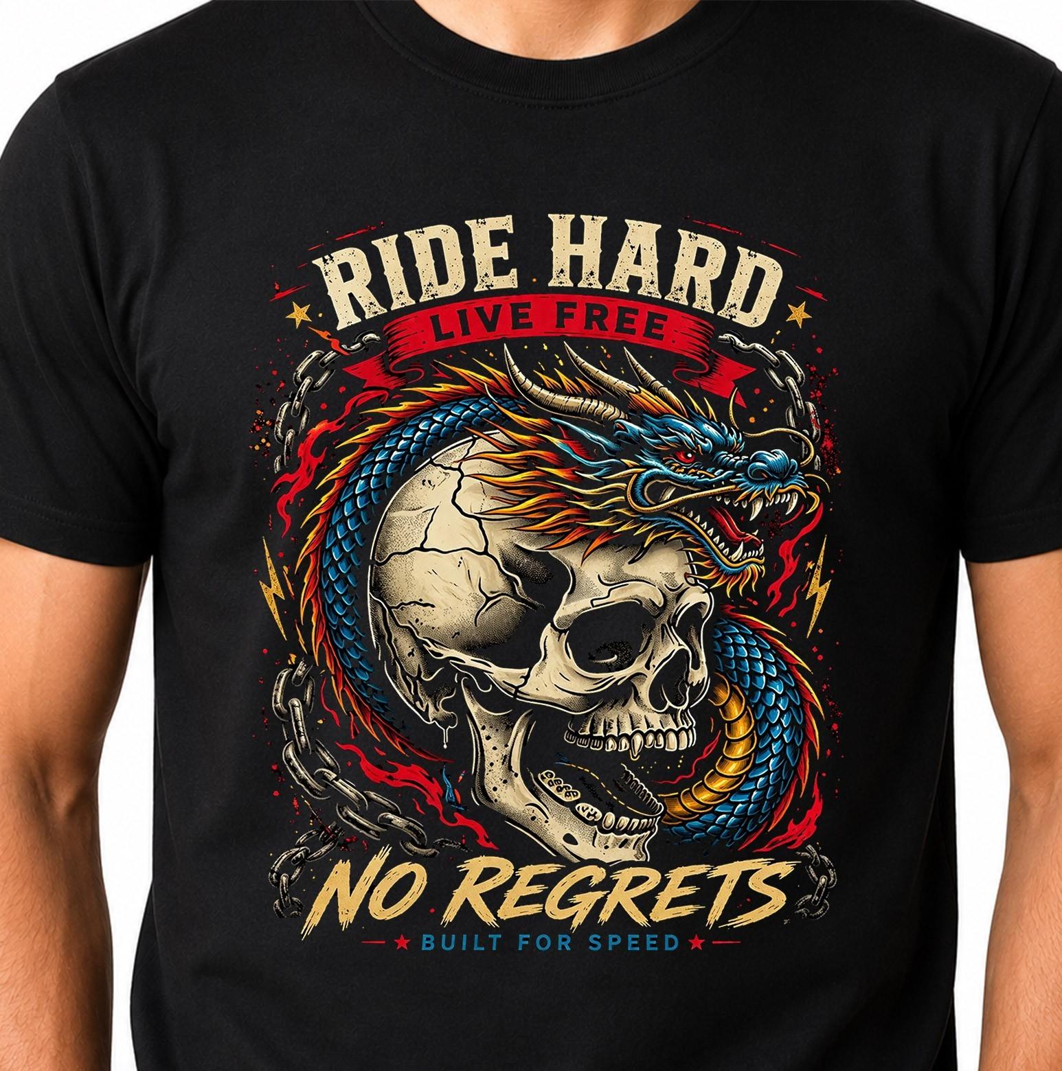 Skull Dragon T-Shirt Ride Hard Live Free No Regrets Biker Japanese Graphic Tee. XL