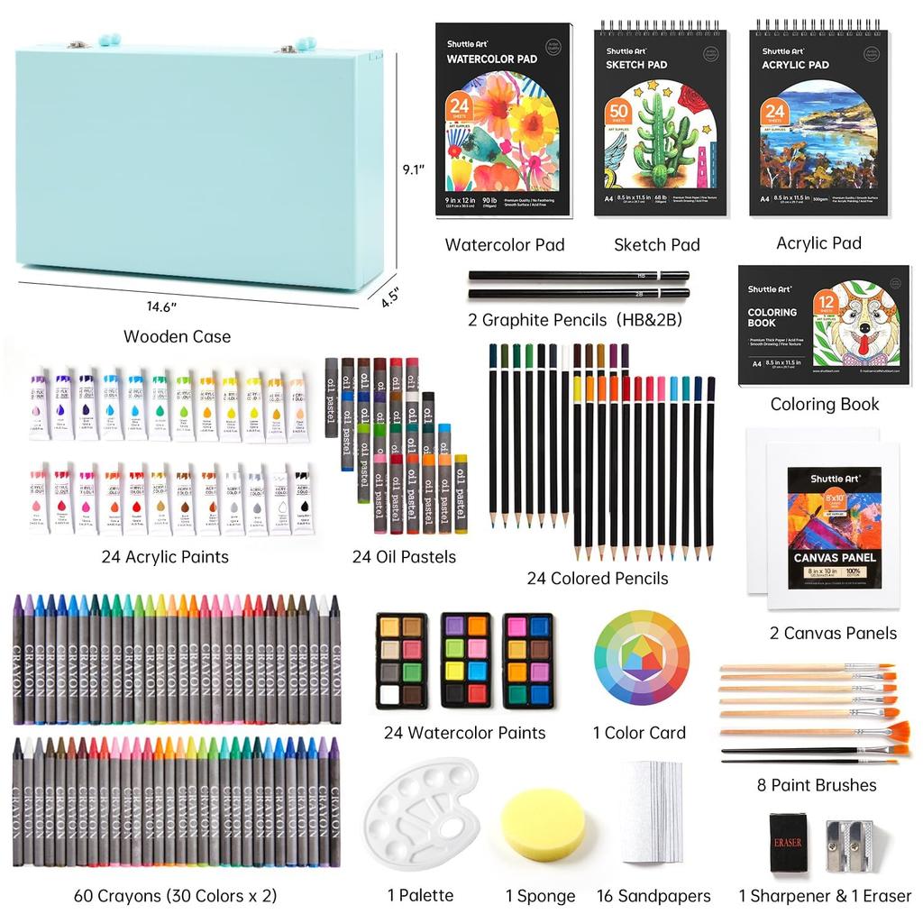 Shuttle Art Drawing Set 202 Pieces Art Supplies Colored Acrylic Solid Drawing Coloring Watercolor Pencil Drawing Palette Brushes Included Storage Box