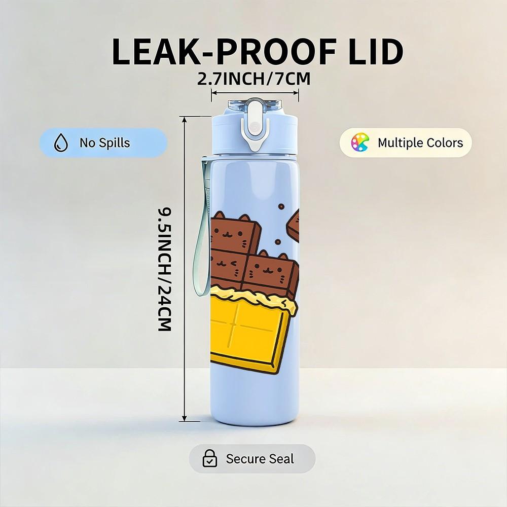 1PC Chocolate Bar Cartoon Pattern 750ml Color Plastic Sports Water Bottle Leakproof Flip Straw Lid Suitable for Sports Office Home Use