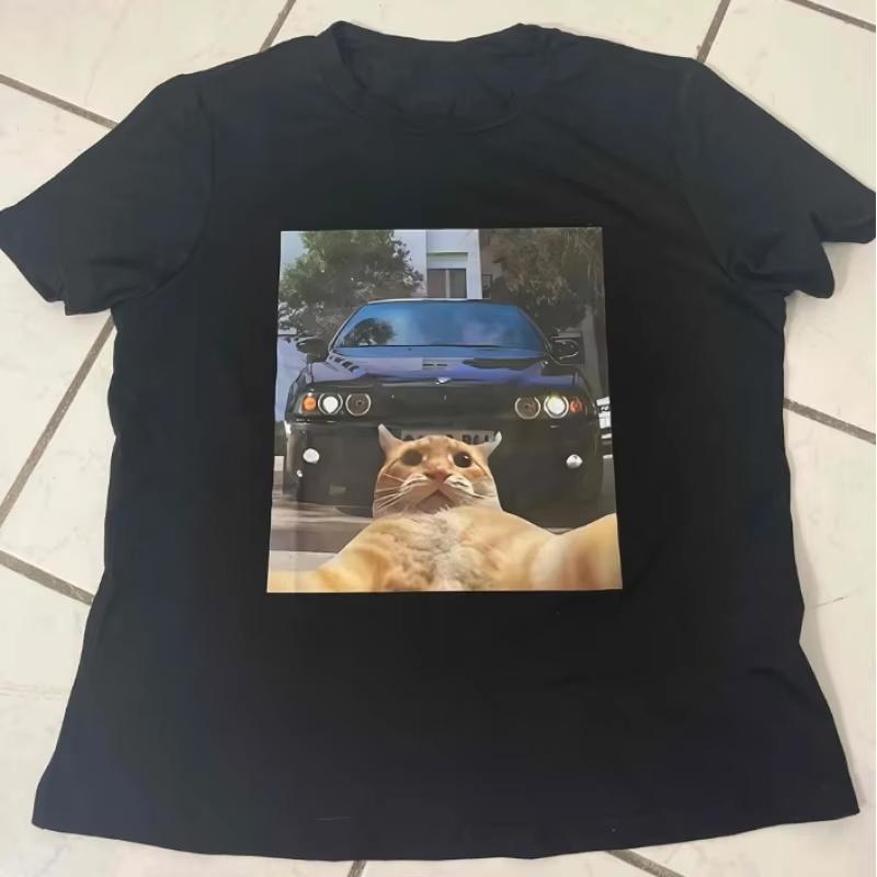 

2025 European and American Cross Border Summer New DIY Men s and Women s Cat Printed High Street Hip Hop Y2K Funny Loose T-shirt 4XL