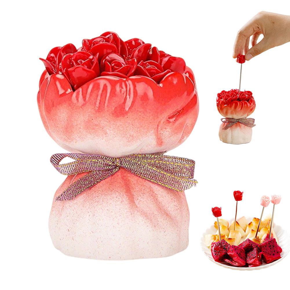 

Rose Shaped Fruit Forks Set With Elegant Ceramic Vase Novelty Artificial Flower Dessert Picks For Salad Cake Party Table Decor красный