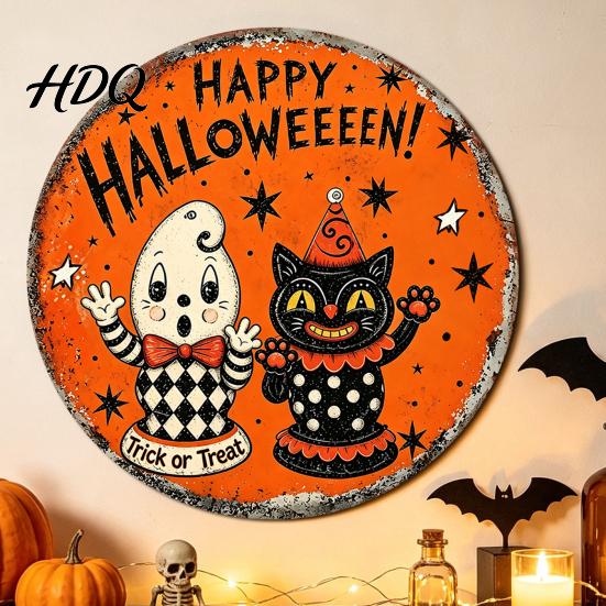Halloween Theme Wall Art Retro Sign Round Metal Decorative Vintage Illustration Sign Rustic Decor for Living Room Party Decoration Nostalgic Hanging