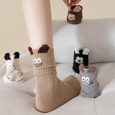 Niedliche Socken mit Cartoon-Stickerei, lustige Socken mit Rippstrick, lässige Socken mit Plüschohren für Damen, Weihnachtsgeschenk