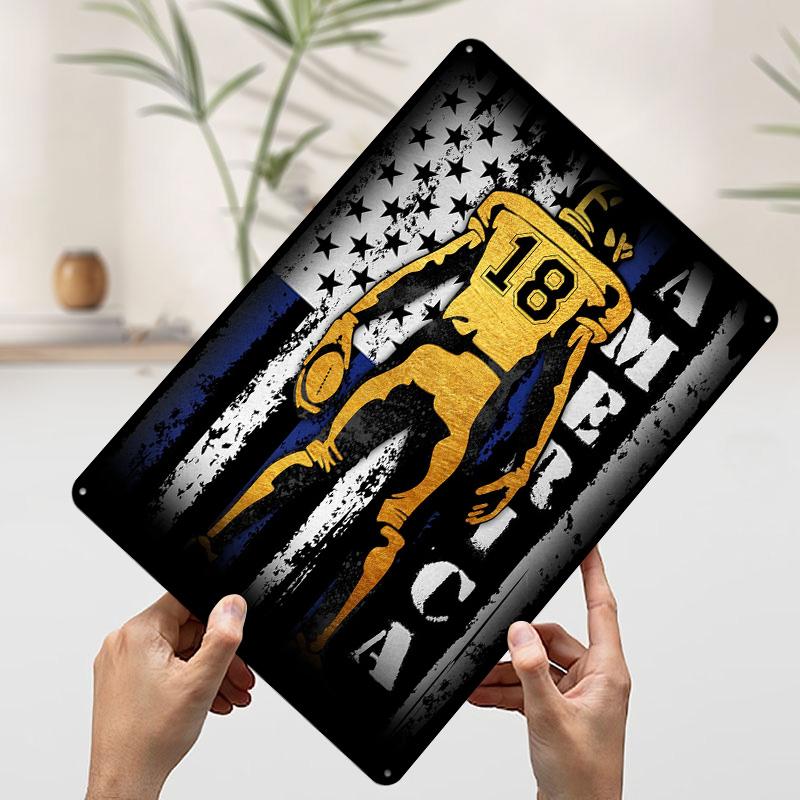 American Football Player With US Flag Tinplate Poster Customized Wall Art Vintage Metal Signs Retro Tin Plaque for Office Decor 20x30cm(7.8x11.8inch)