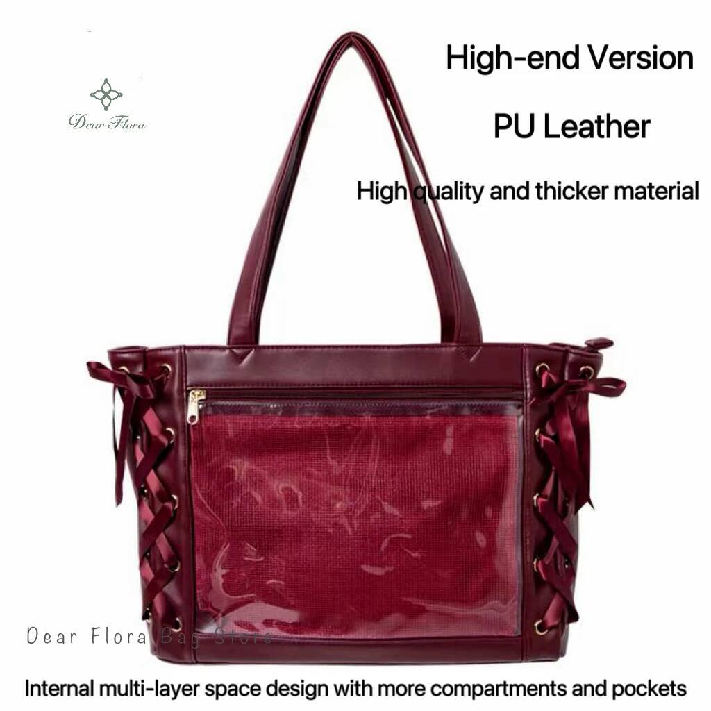 Japanese Sweet Women Ribbon Ita Bag Fashion Large Capacity Tote Bag Aesthetic Shoulder Bag Cute Lolita Girl Transparent Handbags
