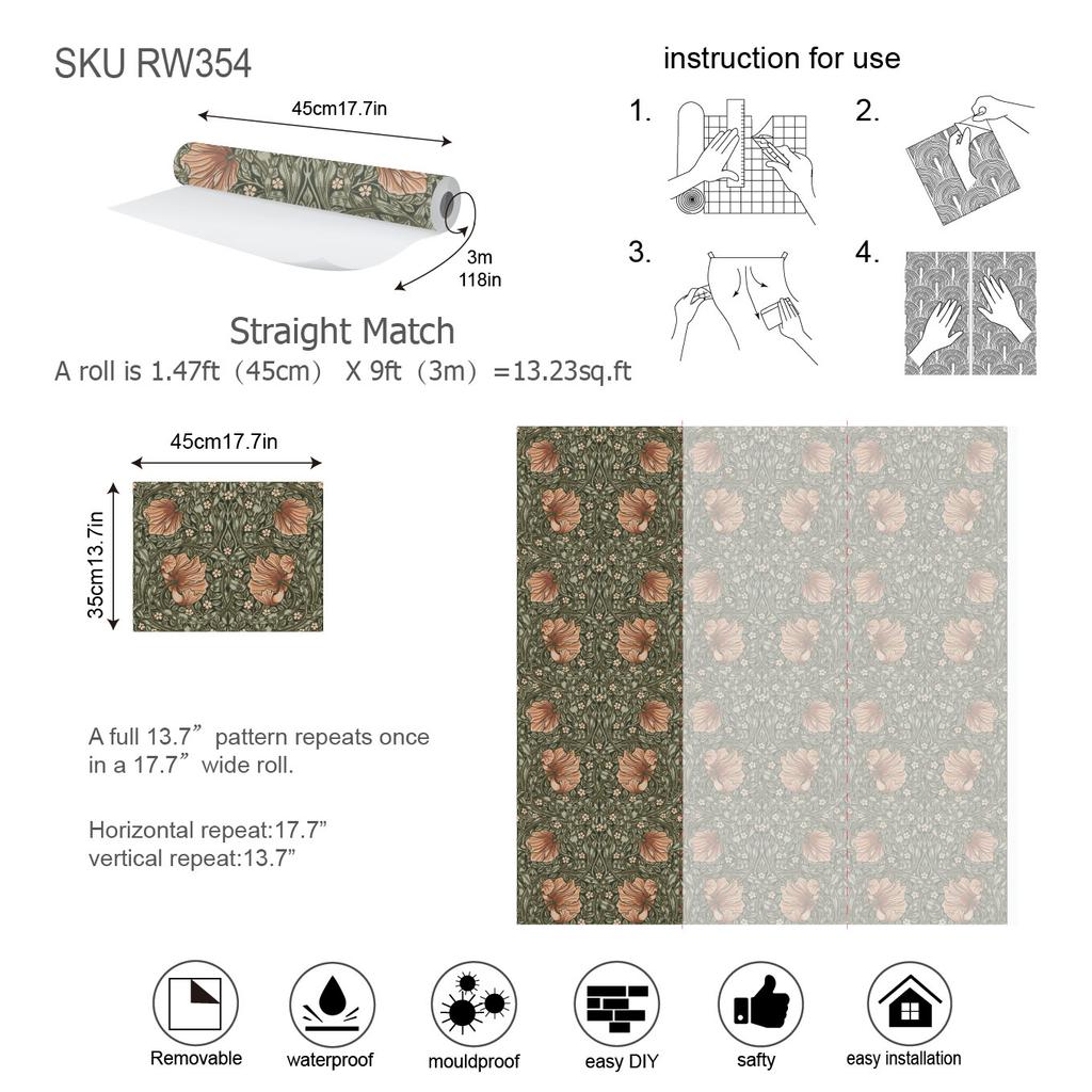 1pc Vintage Floral Self-adhesive Wallpaper Peel And Stick Botanical Sage Green/Tangerine Wall Murals Home Kitchen Bedroom Decor