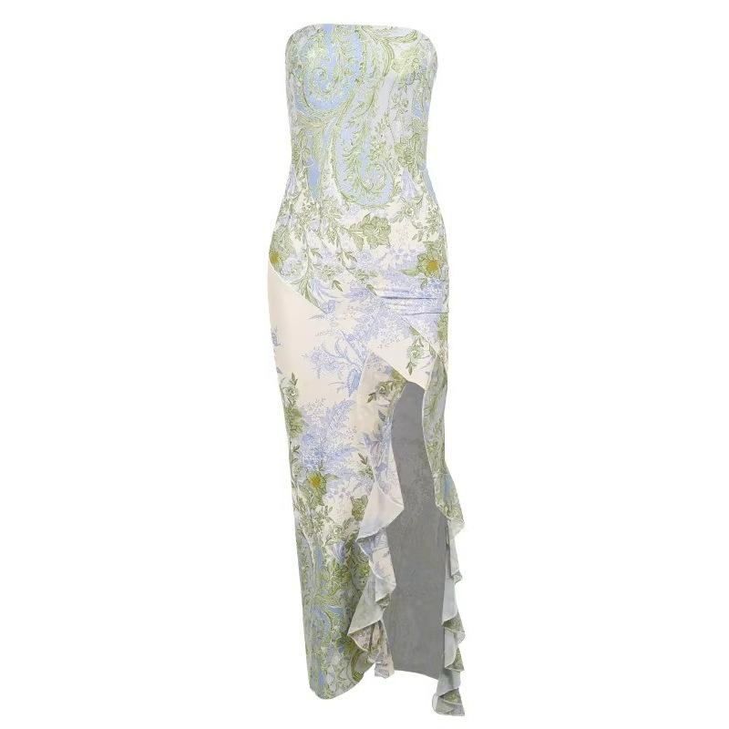 2026 new summer European and American style tube top skirt mesh French dress women's waist simple printing slit dress