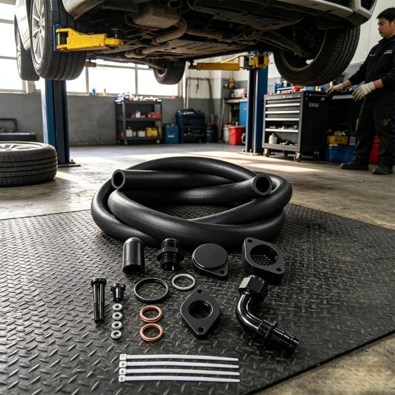 6.7L Maintenance Engine Ventilation Kit with Flexible Hose, Black Finished Metal Adapters, Sealing Hardware and Installation Parts