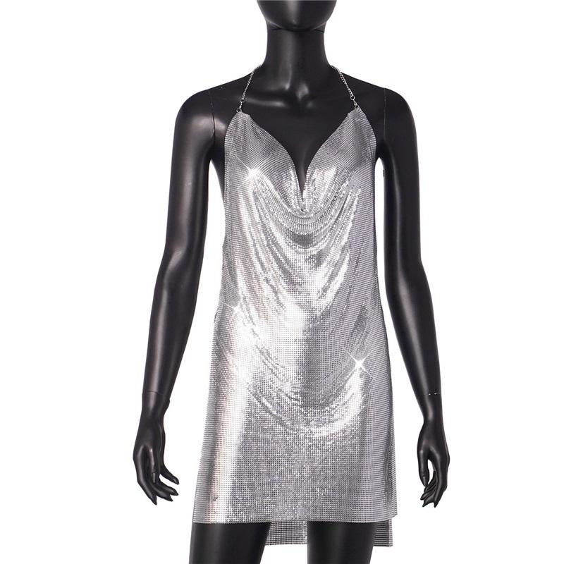Women Nightclub Backless Metallic Sequin Spaghetti Strap V Neck Halter Split Dress Elegant Party Dress For Evening Wear