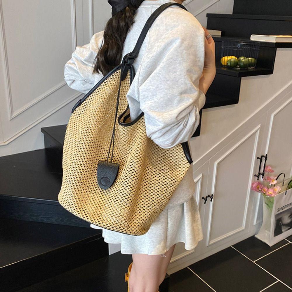 Parent Shoulder Bag Straw Woven Bag Tote Bagwith Sunglasses Clip Hollow Shoulder Bag  Holiday