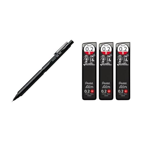 Pentel OrenzNero Mechanical Pencil, 0.2mm, PP3002-A with Pentel Ain 0.2mm B Lead Refills, 3 Pack, AMZ-XC282B3P