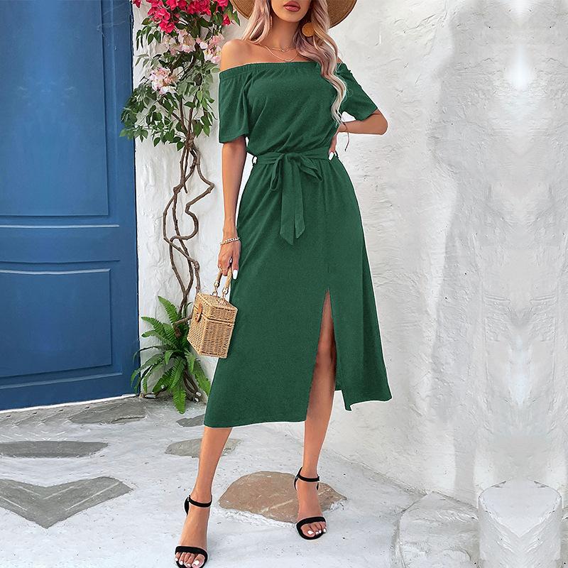 

Женская мода лето весна однотонный принт с коротким рукавом на одно плечо средней талии повседневные платья XL зелёный