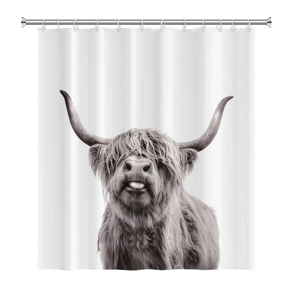 Farmhouse Highland Cow Shower Curtain With Hooks Funny Bull Cattle Bull Floral Decor Country Style Bothroom Curtain