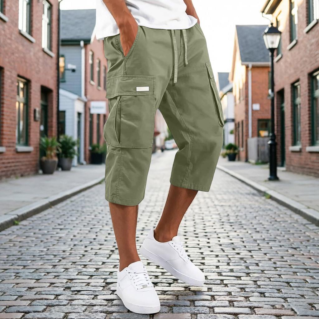 Men's Cargo Shorts Drawstring Waist Multi Pocket Workwear Style Casual Knee Length Trousers Lightweight Durable Fabric