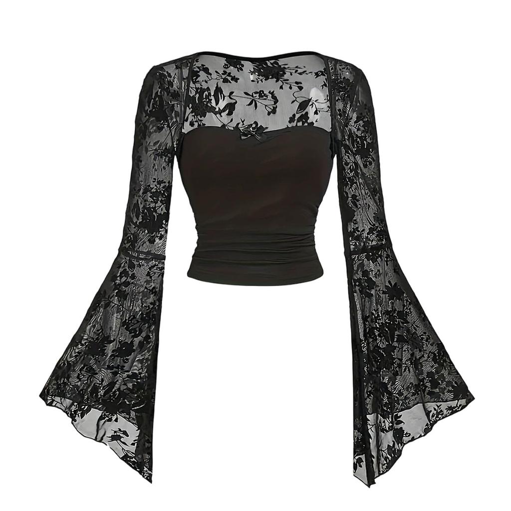 Top de Red Transparente de Alta Gama con Bordado de Encaje de Moda para Mujer