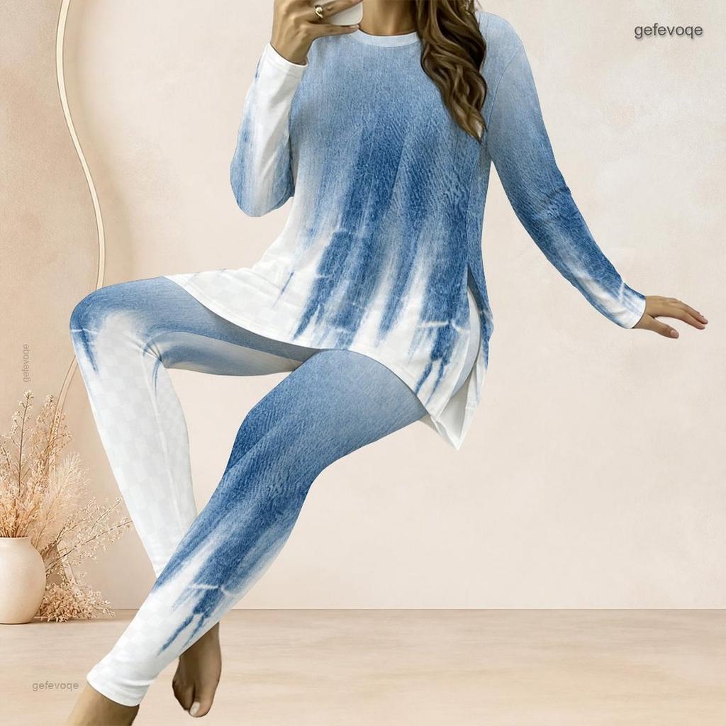 Women Plus Size Printed Two Piece Set Round Neck Long Sleeve Side Slit Long Top Fitted Pants