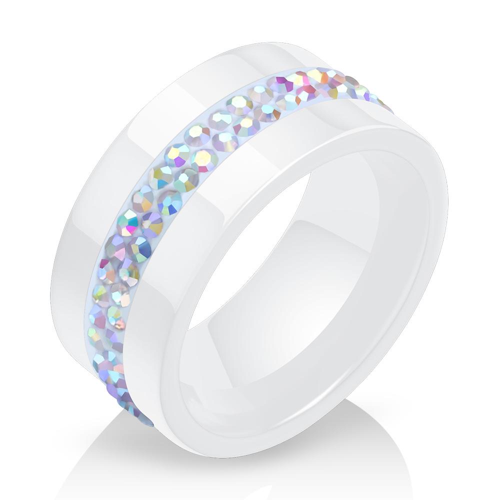 Stylish Ceramic Black and White Two-Row Diamond Ring, 10MM