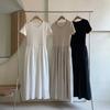 Mizqz Women Ribbed Color Block Short Sleeve Flare Waist Banded Long Dress