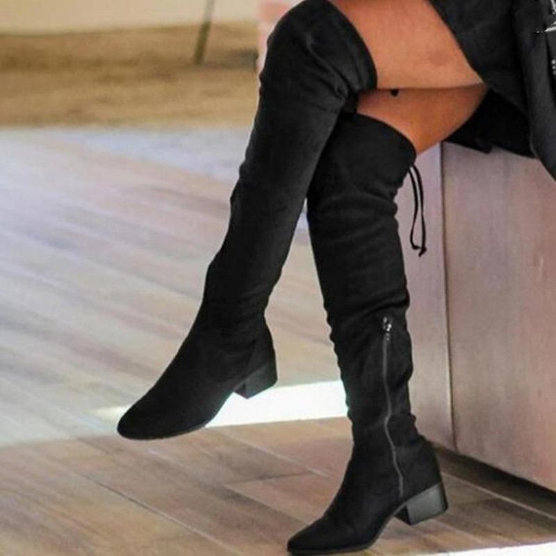 Autumn and Winter New Over-the-knee Boots Women's Elastic Mid-heel Sexy Boots Skinny Boots Back Lace-up Thick-heeled Boots