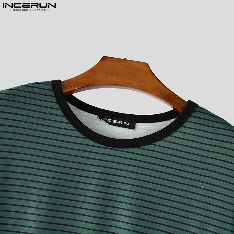 INCERUN Oversized Men O Neck Short Sleeve Striped Casual T-shirts