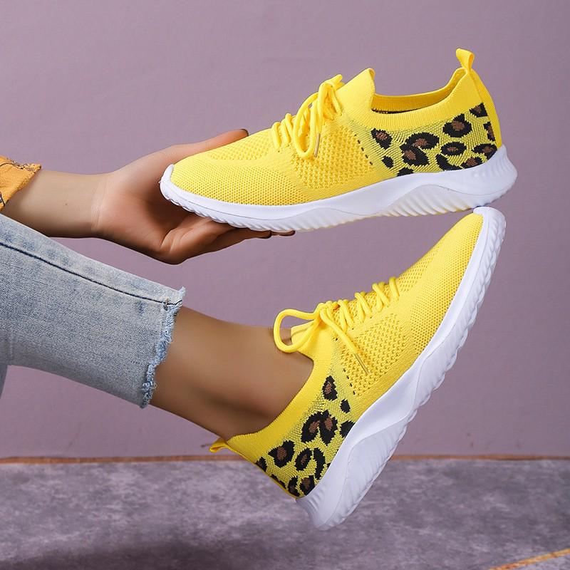 Plus Size Women's Leopard Print Flyknit Wedge Heel Casual Shoes - 2023 Spring/Autumn Collection