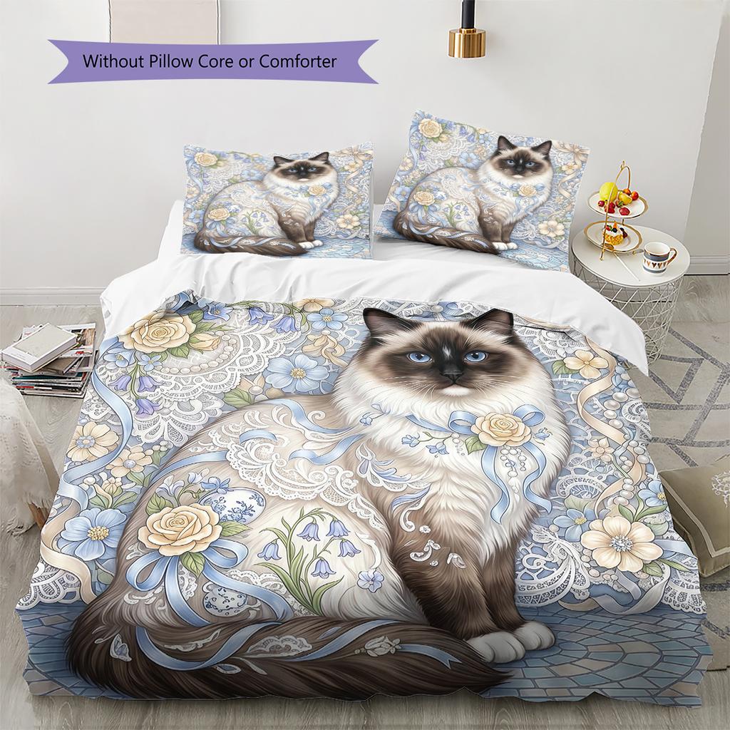 Flower Cat Crow Pattern Bedding,Quilt Set Quilt Cover Pillowcase Home Birthday Gift (1 * Duvet Cover + 2 * Pillowcase, Without Core)