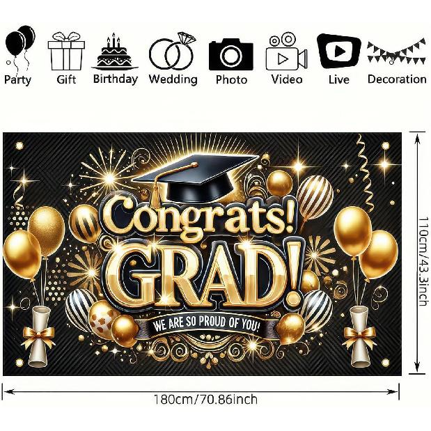 Graduation Banner Congratulations Class of 2025 Gold and Black Graduation Backdrop Supplies 71*43 Inches