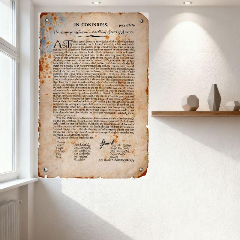 Vintage Amerikanische Revolution Unabhängigkeitserklärung Nachbildung Metallblechschild - Gealtertes vergilbtes Dokument mit handschriftlicher Unterschrift