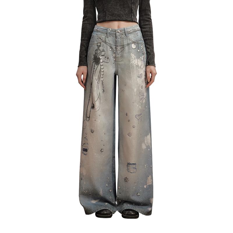 

UNIFREE American Style Chain Print Distressed Wide-Leg Denim Jeans L
