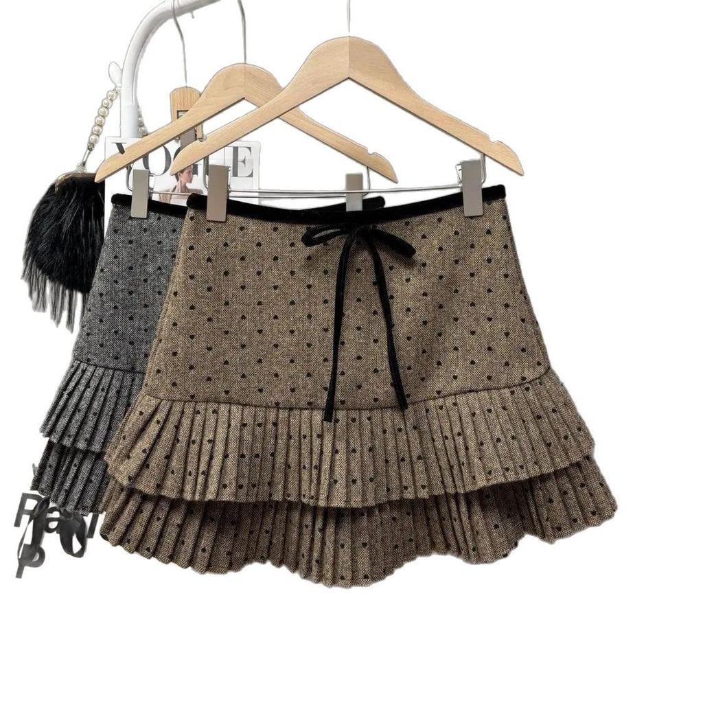 Women's Korean-Style Polka Dot Wool Skirt: Sweet, Versatile Patchwork A-Line for Autumn/Winter