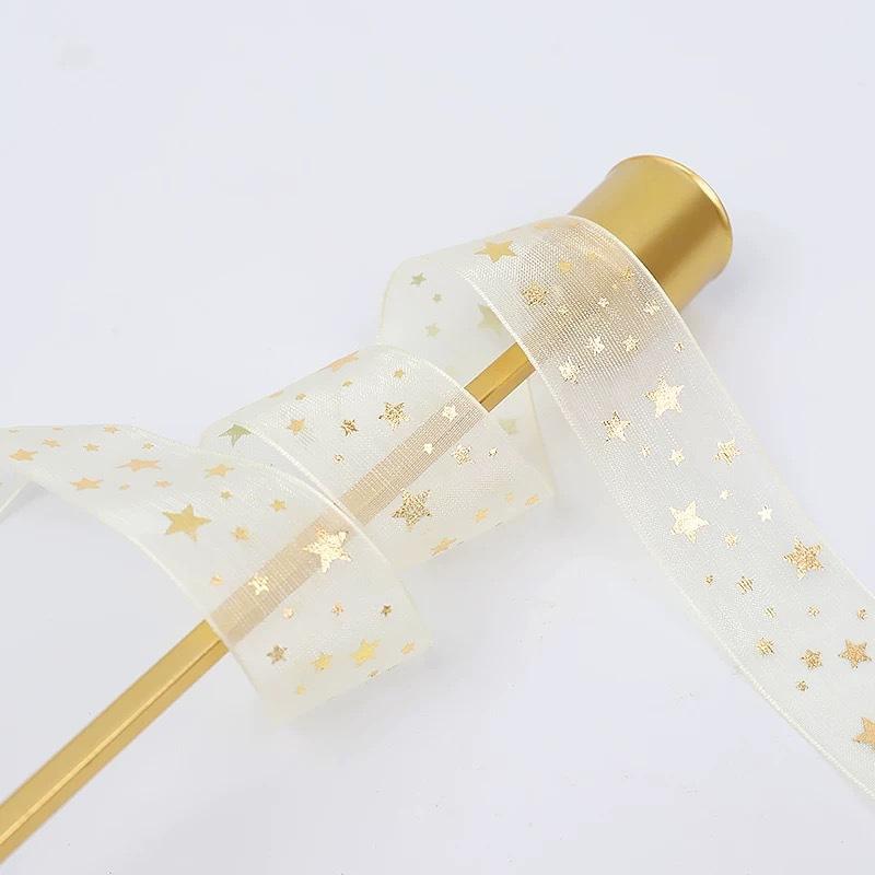 10Yards/Roll Hair Bows DIY Craft Gold Foil Snow Yarn for Gift Wrapping 2.5cm Organza Ribbon Printed Silk Ribbons