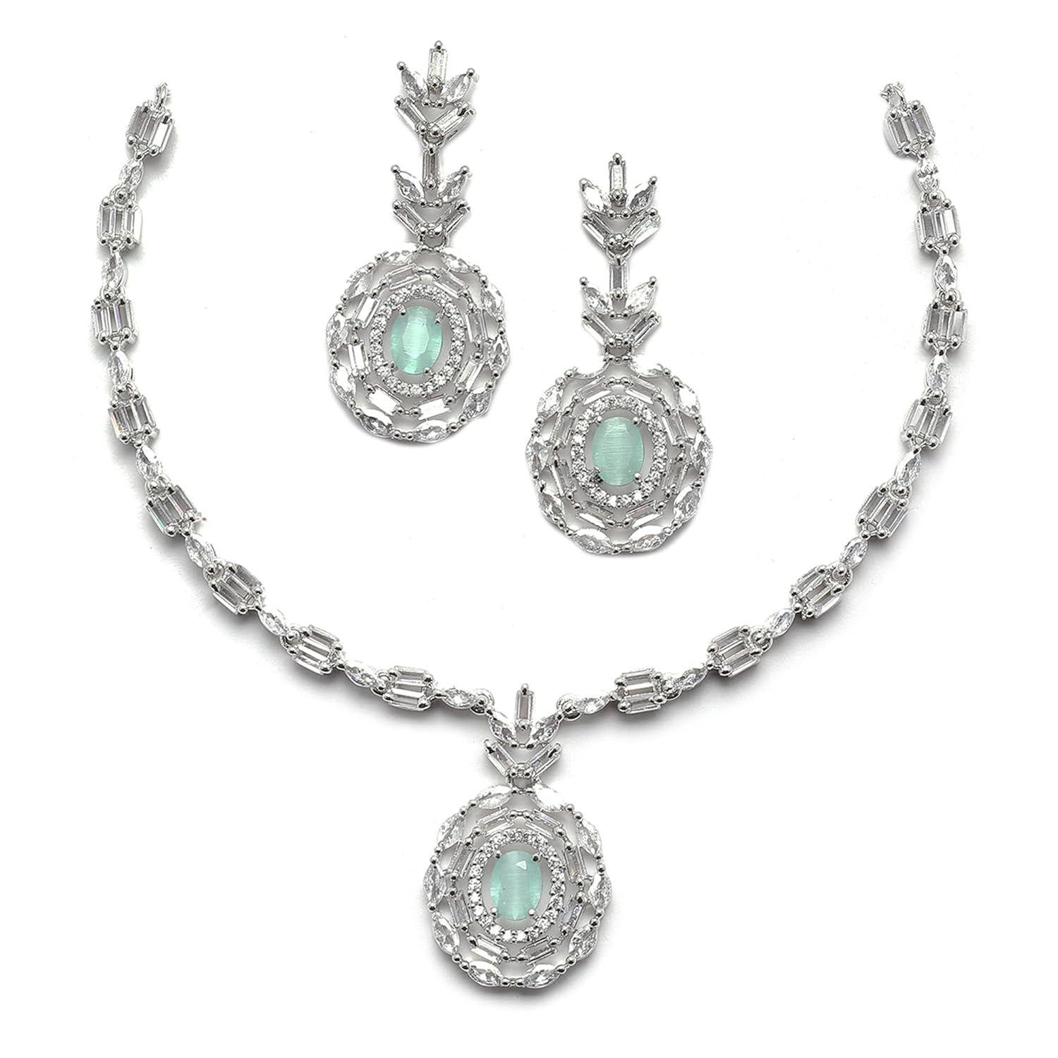

Rhodium-Plated Silver Toned Square & Circular Shaped American Diamond Studded Necklace with Earring Jewellery Set for Girls and Women