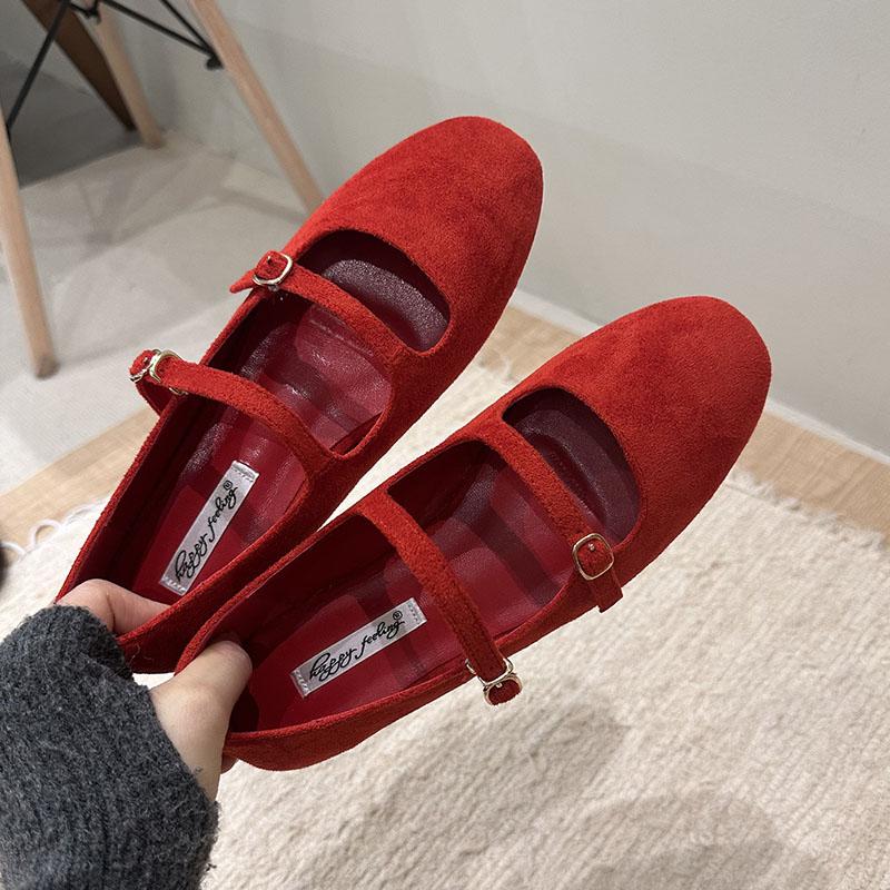 Mode 2025 Neue Schnalle Mode Flock Damen Mary Janes Ballerinas Schuhe Runde Zehenpartie Damen Weiches Schuhwerk Flache Damen Ballerinas Schuhe