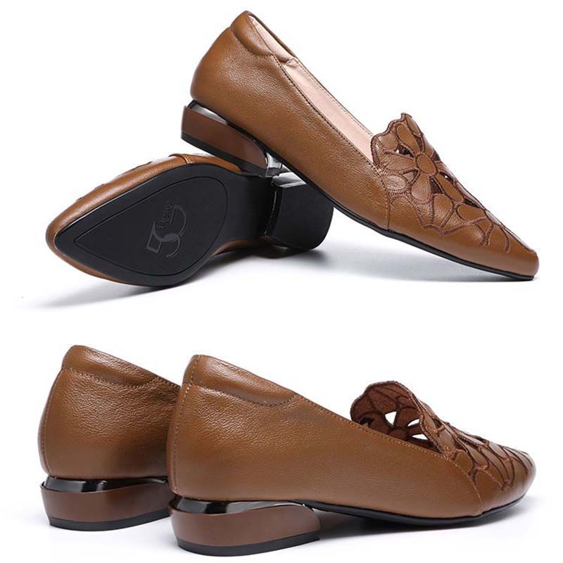 Soft Leather Carved Hollow Women's Leather Shoes Moccasin Work Shoes Cusp Thick Heel Soft Sole Sandals Comfortable Fashion Spring Summer