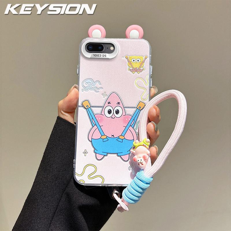 KEYSION Süße Cartoon-Ohren Hülle für iPhone SE 2020 2022 mit Lanyard Silikon+PC Stoßfeste Handy-Rückseite für iPhone 8 7 Plus