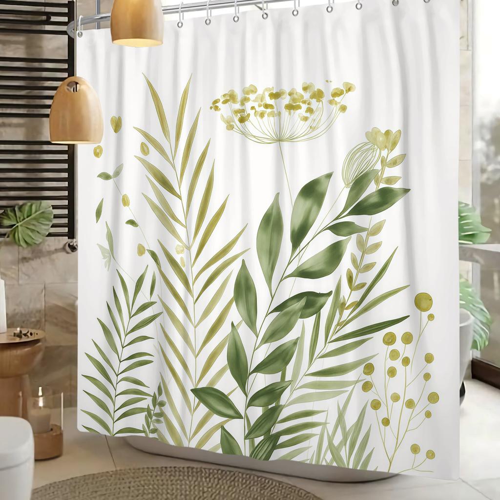Watercolor Green Leaf Shower Curtain Floral Plant Botanical Print Waterproof Bath Curtain For Bathroom Decor Polyester With Hook