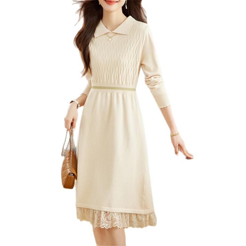 2025 Autumn-Winter Lace Base Layer Knit Dress with Waist-Cinched Skirt & Lapel for Women