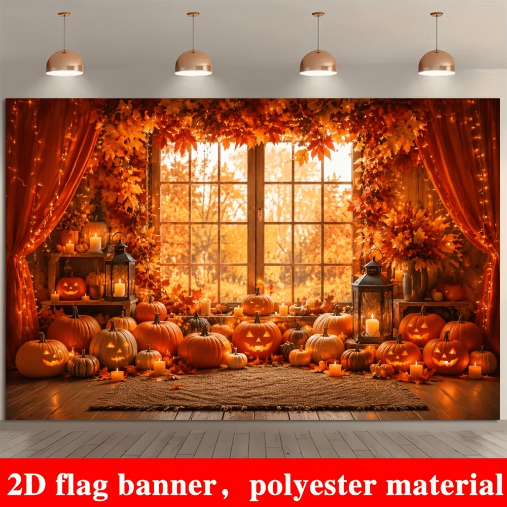 2D flat flag Halloween autumn-themed background fabric with pumpkin lanterns and autumn leaves candleszyc