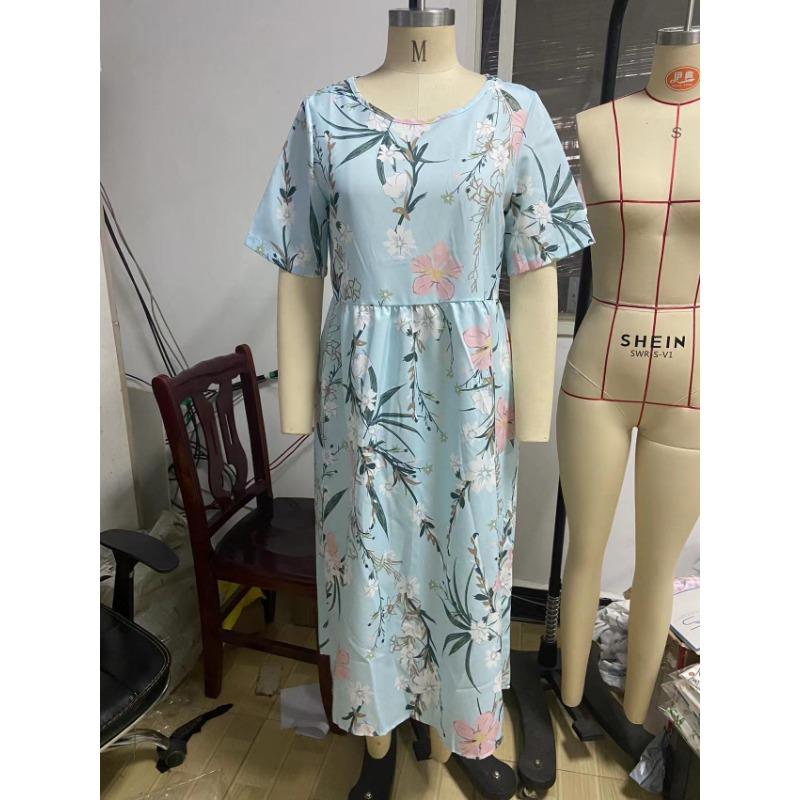 Casual O Neck Pockets Printed Loose Dresses for Women Plus Size Summer New Short Sleeve Women's Dress Fashion Elegant Vintage Floral Long Dress 3364