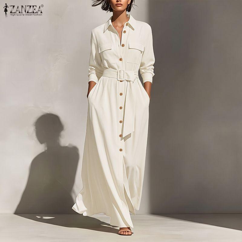 ZANZEA Women Formal Casual Turn Down Collar Long Sleeve Loose Long Shirt Dress