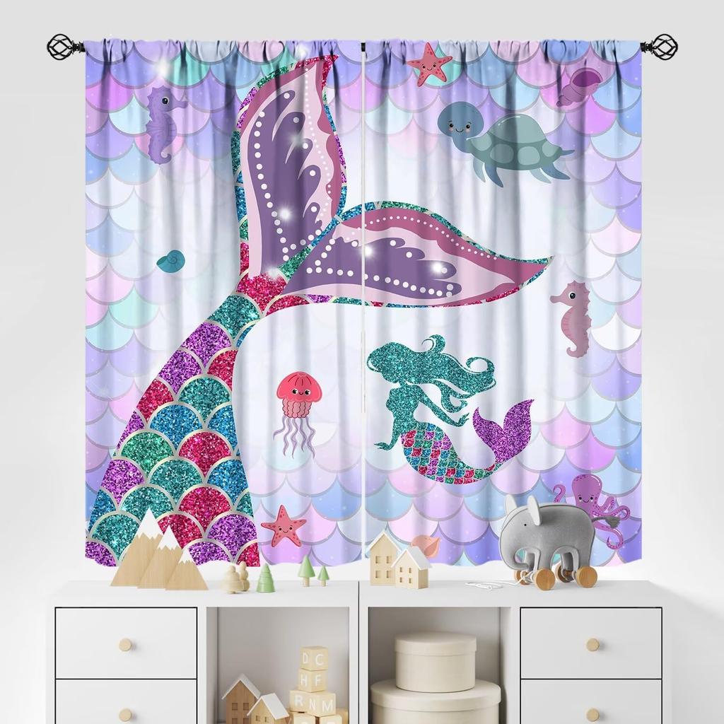 Kids Sea Animal Curtains Teens Boys Girls Bedroom Nursery Decor Cartoon Sharks Art Printed Window Drapes Fabric Light Blocking Polyester Sleeping Area
