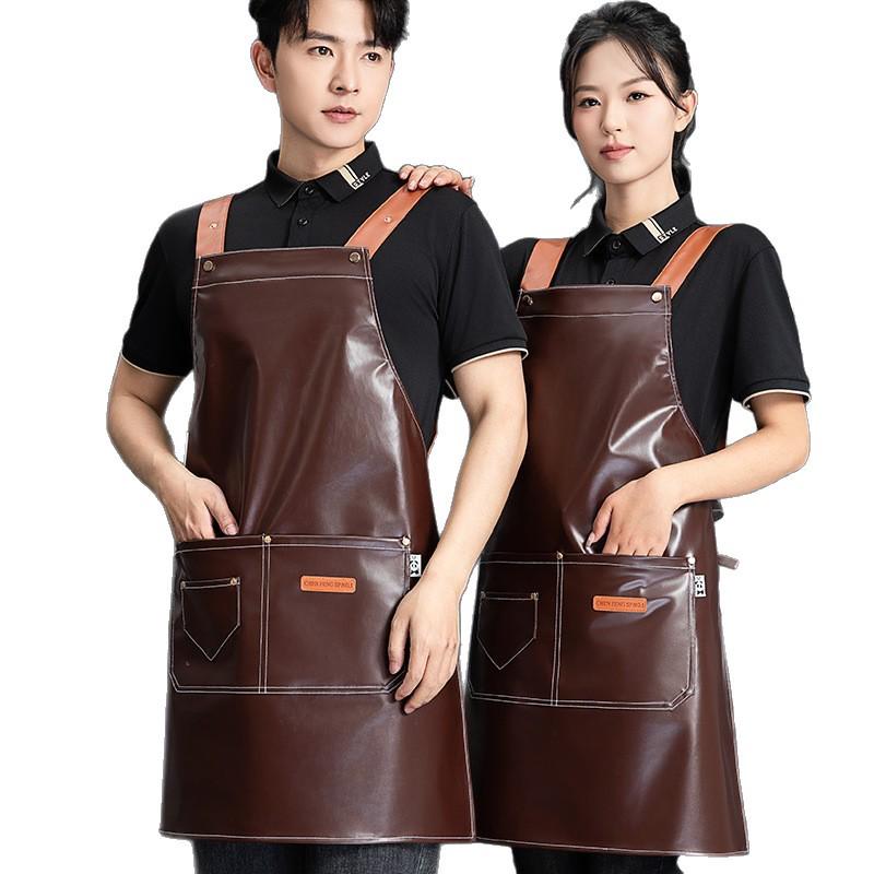 In-Stock Waterproof PU Leather Women's Catering Apron - Oil-Proof Kitchen Smock