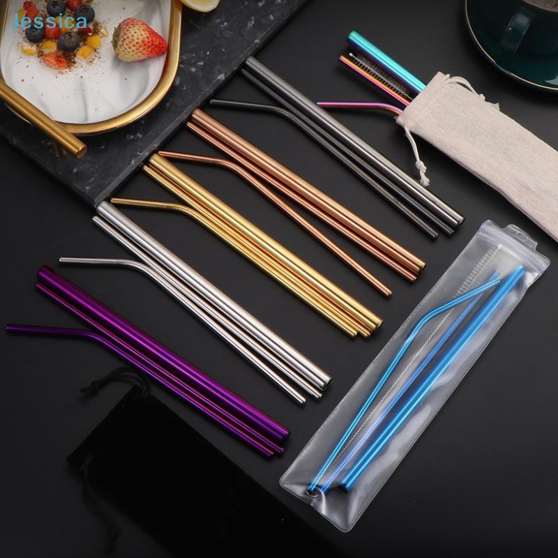 Reusable Stainless Steel Straws Set - Colorful Metal Drinking Straws With Cleaning Brush (Eco-Friendly)