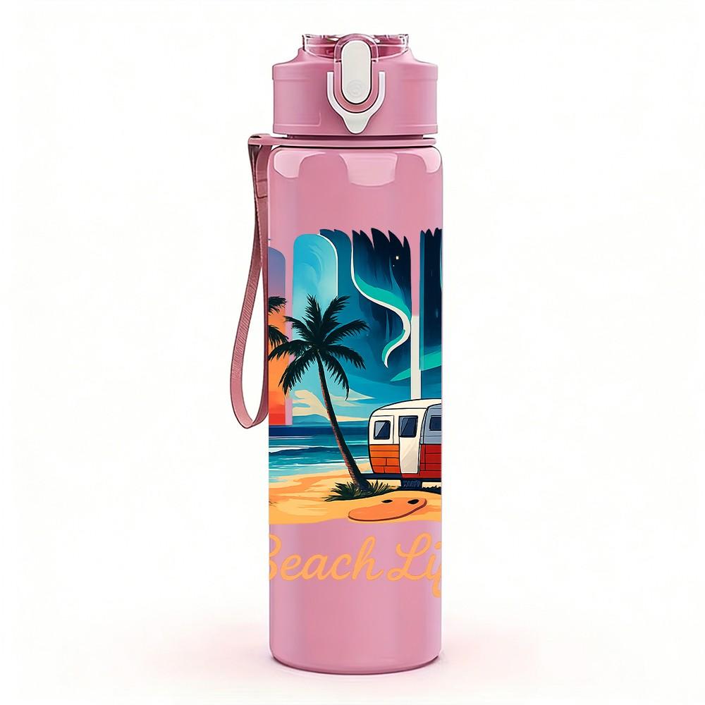1PC Beach Life Tropical Coast Poster 750ml Color Plastic Sports Water Bottle Leakproof Flip Straw Lid Suitable for Sports Office Home Use