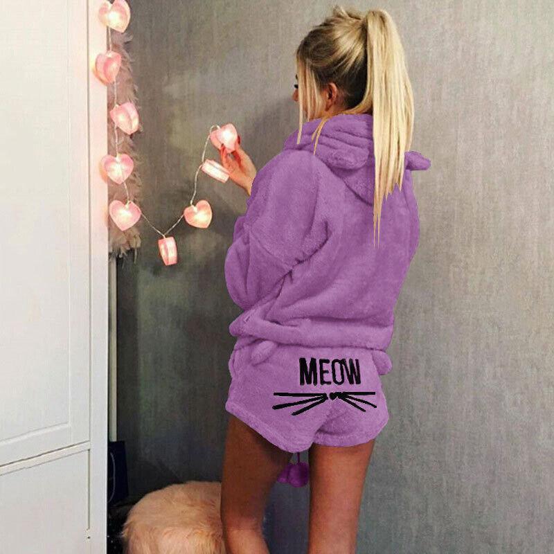 Womens Fleece Cat Fluffy Warm Pjs Pyjamas Sleepwear Nightwear Set Outfit Pajamas