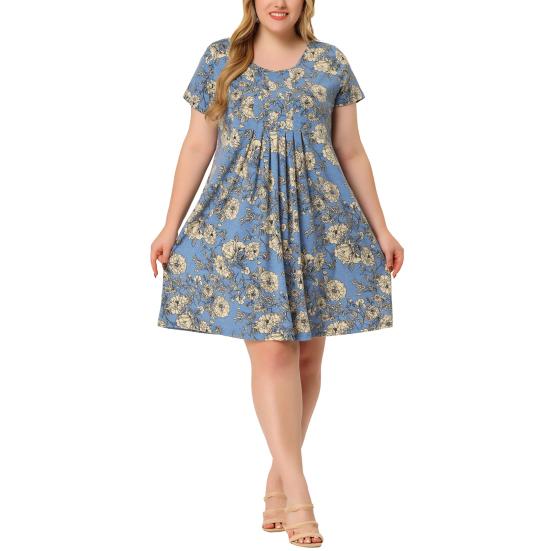 Women Dress Round Neck Short Sleeve Pleated Detail Short Dress Floral Print Flowy Hem Loose Fit Dress Plus Size