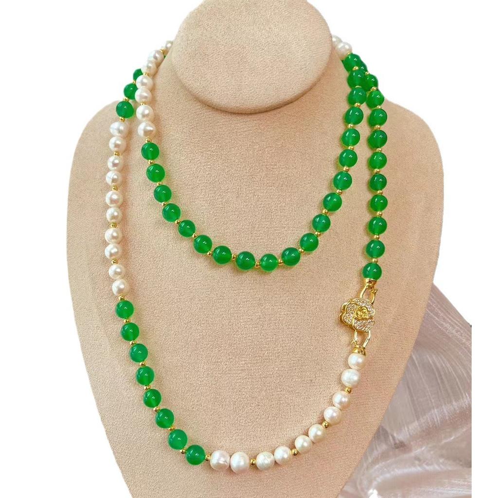 Vintage High-Quality Natural Freshwater Pearl Emperor Green Chalcedony Sweater Chain, A Variety Of Wearing Necklaces