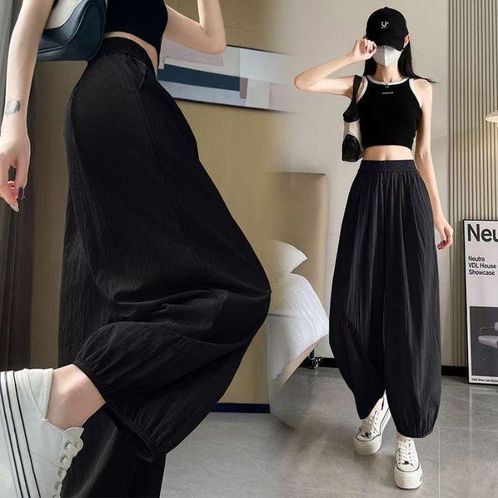 

Women’s High Waist Ice Silk Carrot Pants - Slimming, Loose Fit, Cuffed, Petite 3/4 Length for Summer 2XL чорний