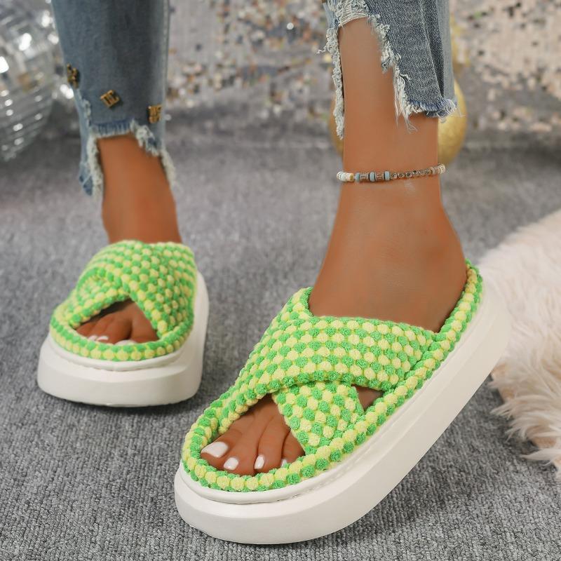 Fashion Women Cotton Slippers New Winter Soft Casual Home Slippers Open-Toe Cross Band Indoor Slides Non Slip Indoor Platform Slipper